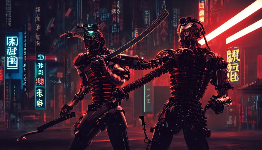 Image similar to movie still, an biomechanical cyborg samurai holds a katana in his hands in night city, cyberpunk horror style, cyberpunk, cyberpunk futuristic neo, detailed and intricate environment, octane render, unreal engine, 4 k