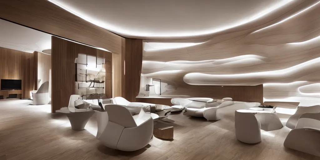 Prompt: living room designed by zaha hadid with wood paneling, futuristic furniture, led lighting, minimalist interior design, modern architecture, photography