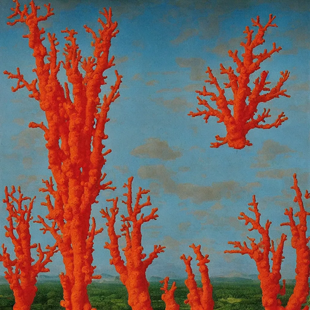 Image similar to a single! colorful! ( coral ) fungus tower clear empty sky, a high contrast!! ultradetailed photorealistic painting by jan van eyck, audubon, rene magritte, agnes pelton, max ernst, walton ford, andreas achenbach, ernst haeckel, hard lighting, masterpiece