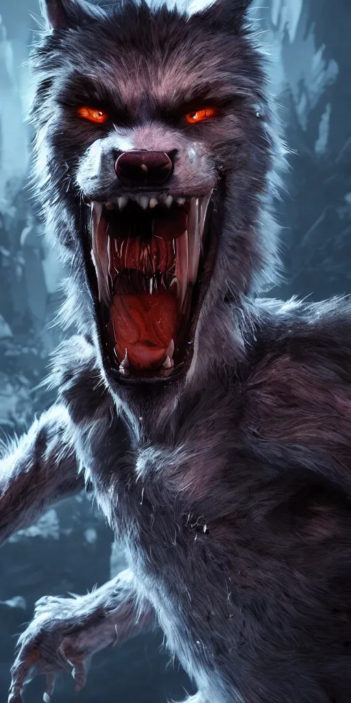 Image similar to 8k ultra realistic werewolf videogame promotional art, full of colour, cinematic lighting, trending on artstation, focused, extreme details, unreal engine 5, cinematic