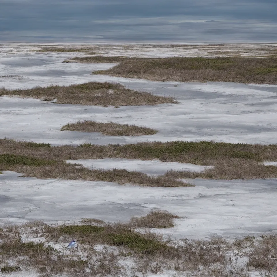 Prompt: nat geo photo, tropical warm arctic wonderland beach, a mix of a tundra and a desert but with lush foliage and trees, humid wetland