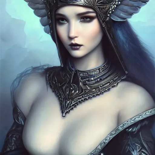 Prompt: tom bagshaw, very beautiful genetic mix of dove cameron madison beer bella poarch in a dark fantasy warrior armor, winged helm, thin gothic makeup, professionally retouched, focus eyes, ultra realistic soft painting, insanely detailed linework, symmetrical accurate intricate features, behance artstation, 8 k