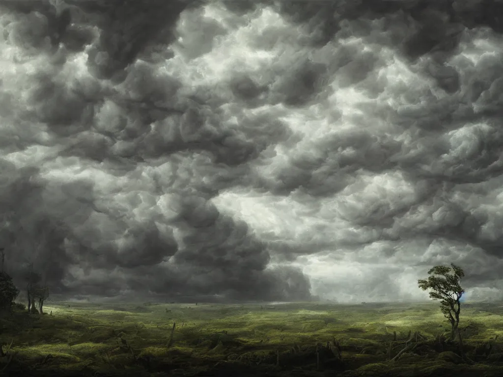 Prompt: detailed landscape, forests. very detailed dark super storm, hyper realistic clouds, impressive, magical, very atmospheric, smoke boiling, cinematic, deep, very high complexity, stunning, masterpiece, chiaroscuro, in the style of caspar david friedrich and laura den hertog and michael creese, very detailed. 4 k