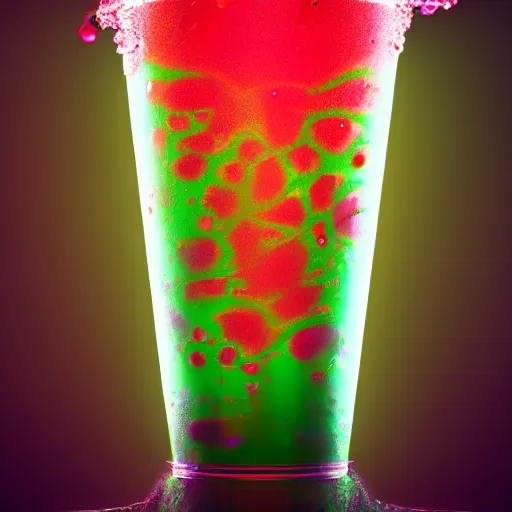 Image similar to cherry limeade smoothie drip, intricate complexity, surreal horror, psychedelic glitch art, neon rainbow drip paint, trending on art station, photoreal, 8 k, octane render