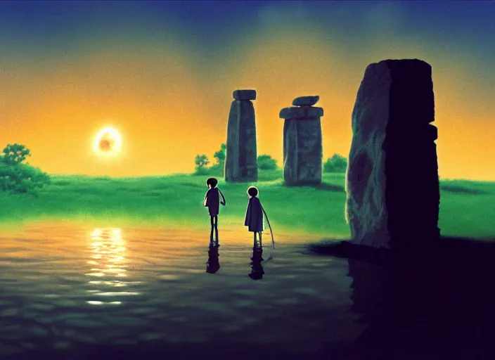 Image similar to a realistic cell - shaded studio ghibli concept art from paprika ( 2 0 0 6 ) of a floating cube from close encounters of the third kind ( 1 9 7 7 ) and a monk meditating on top of a pillar in a flooded stonehenge on a misty starry night. very dull colors, hd, 4 k, hq