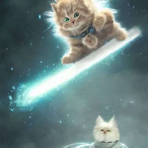 Image similar to a single cartoonish kitten dressed as Gandalf floating in space, bright stars, anime, a fantasy digital painting by Greg Rutkowski and James Gurney, trending on Artstation, highly detailed