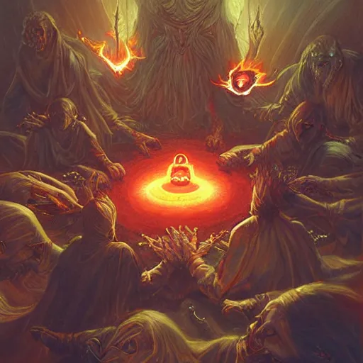 Image similar to acolytes using demonic summoning circle to summon a demon. incredible detail. by magali villeneuve and by wlop