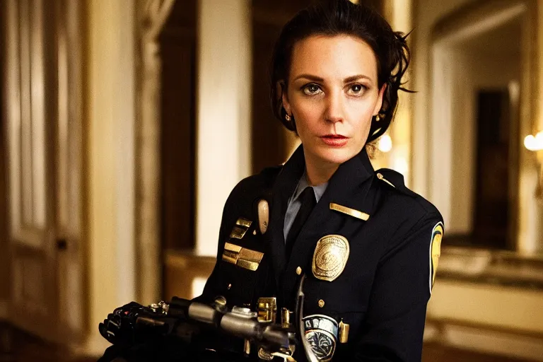 Image similar to cinematography closeup portrait of a beautiful woman cop in an decadent mansion foyer by Emmanuel Lubezki