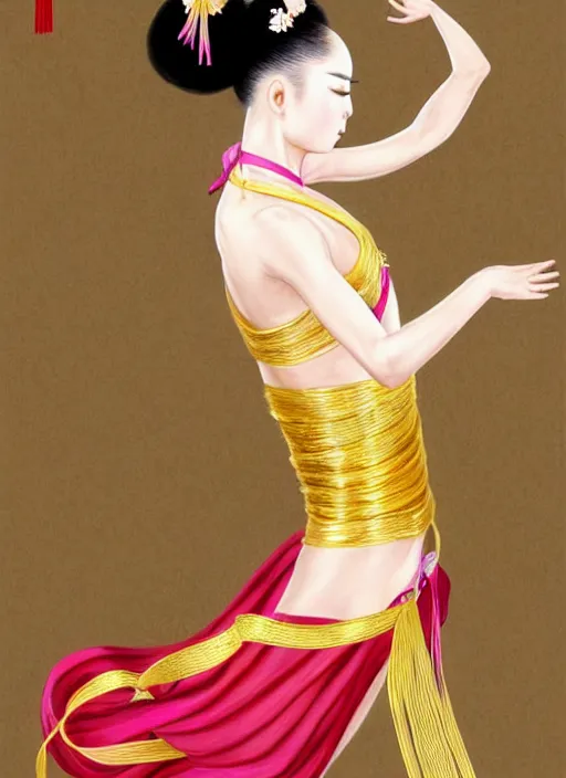 Image similar to full body portrait of a dancer doing chinese ribbon dance, feet, barefoot, full body, vivacious, extremely beautiful, gold jewelry, hanfu, ribbon dance, aerial silk, large flying ribbons, ming dynasty, detailed, realistic face, anatomically accurate, fantasy art, wlop.