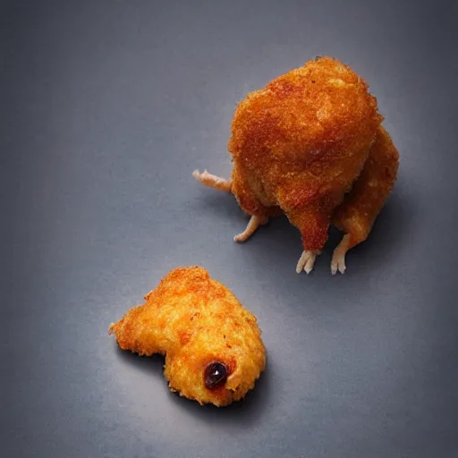 Prompt: photorealistic chicken nugget in the shape of a rat, professional food photography