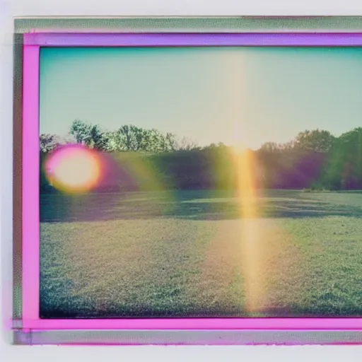 Image similar to a pastel coloured Polaroid photo of a maximalist sunbed made of transparent iridescent perspex stood in a field, beams of light, nostalgic