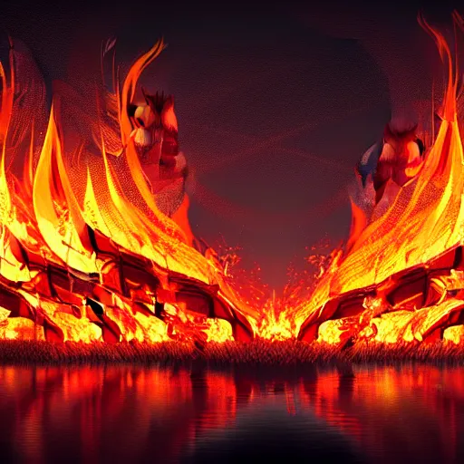 Image similar to in the lower part of the picture is the harp burning in the fire, above are cranes flying in flames, digital painting, concept art