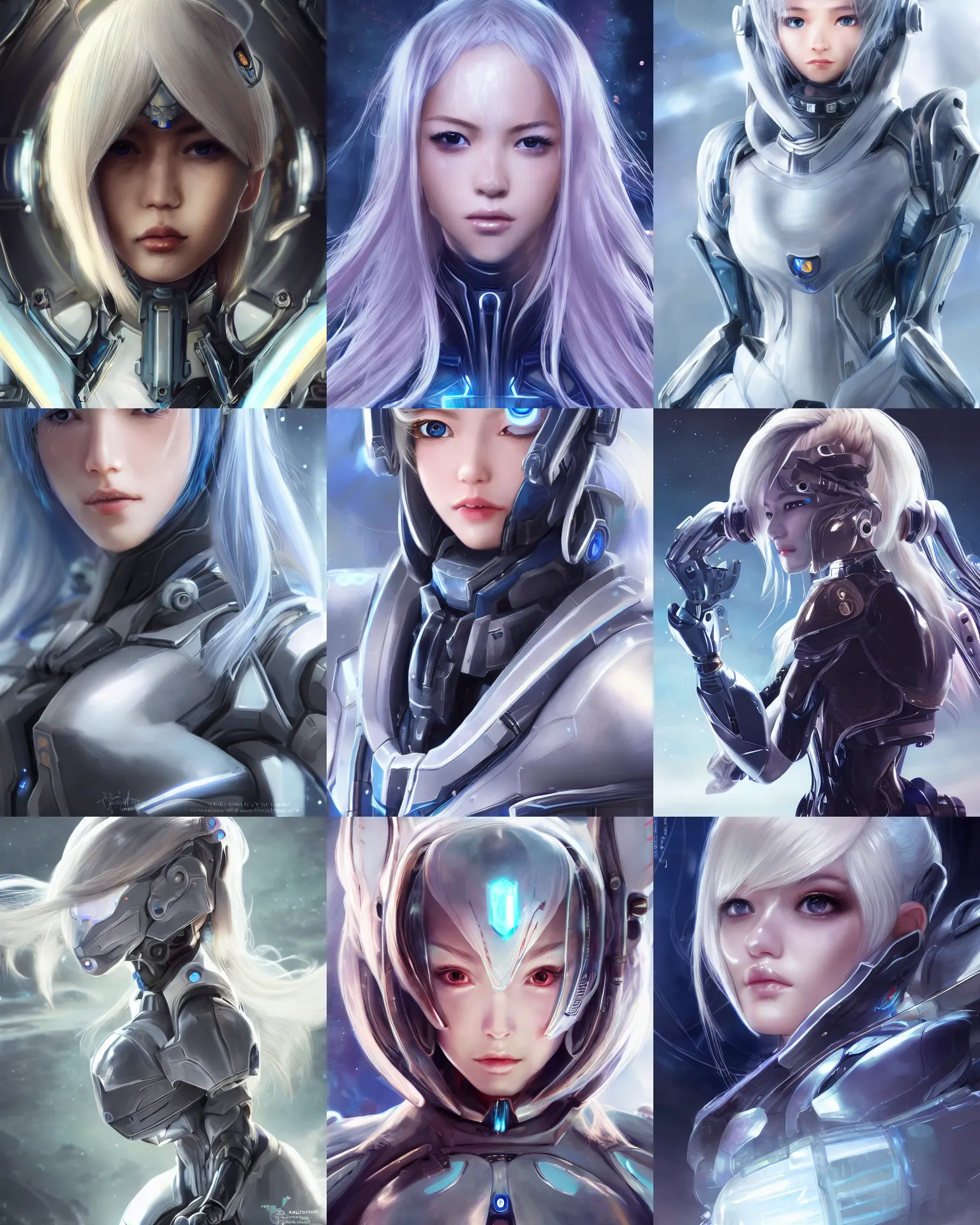 Image similar to detailed portrait of perfect android girl, warframe armor, beautiful face, scifi, futuristic, space station, laboratory, song hye - kyo, dreamy, long white hair, blue cyborg eyes, cinematic lighting, innocent, highly detailed, sharp focus, smooth, artstation, intricate, award winning, pure aura, divine, by akihiko yoshida