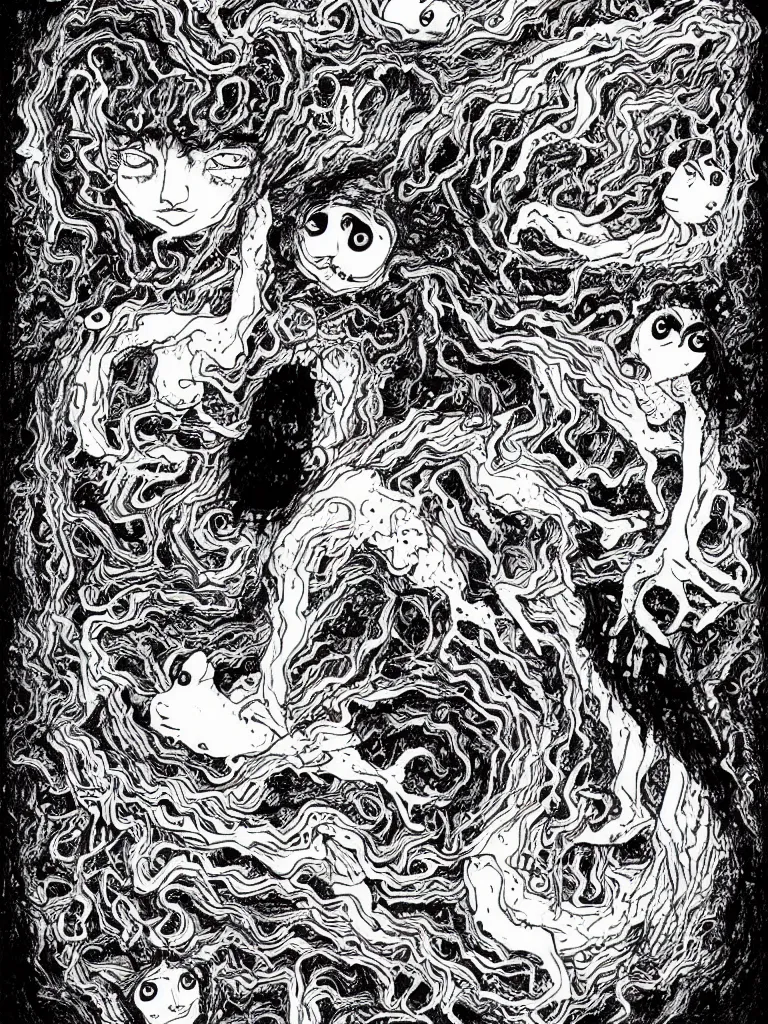 Prompt: black and white illustration creative design junji ito body horror cat