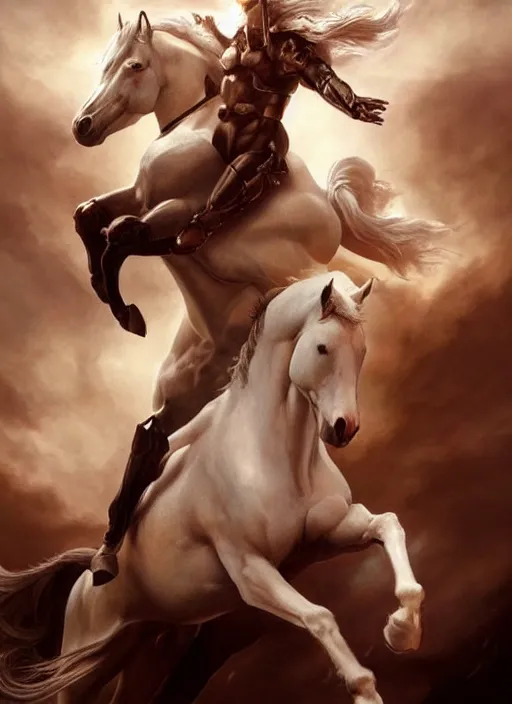 Prompt: the first horseman of the apocalypse riding a white stallion, horse is up on it's hind legs, the rider looks like jesus, ominous, beautiful, artwork by artgerm and rutkowski, breathtaking, dramatic