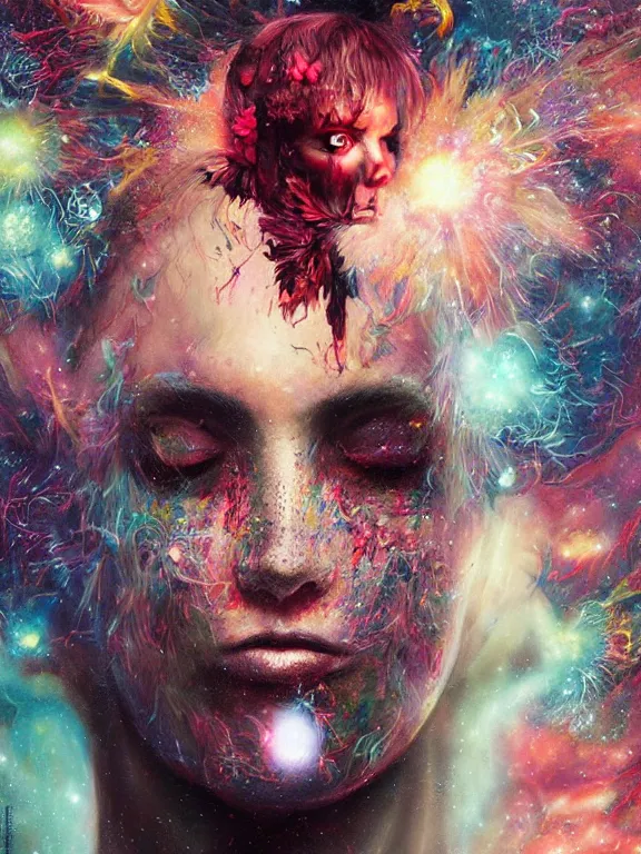 Prompt: art portrait of space zombie with flower exploding out of head,8k,by tristan eaton,Stanley Artgermm,Tom Bagshaw,Greg Rutkowski,Carne Griffiths,trending on DeviantArt,face enhance,hyper detailed,minimalist,cybernetic, android, blade runner,horror,full of colour,