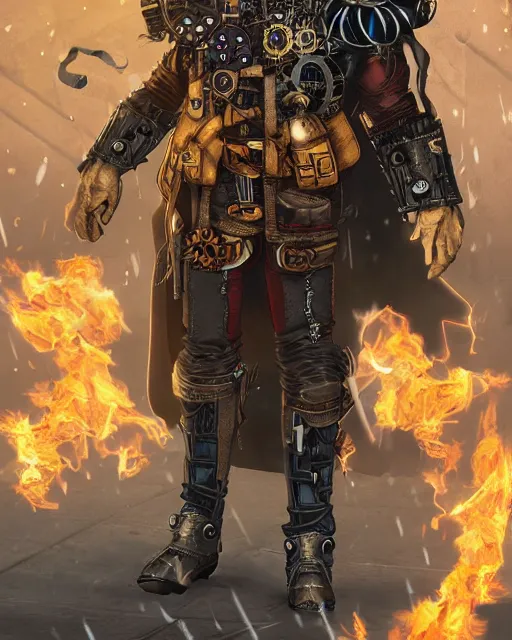 Image similar to steampunk batman with fire and ice magic coming out from his hands in a dystopian environment, full body view, highly detailed, amazing digital art, artstation, sharp focus