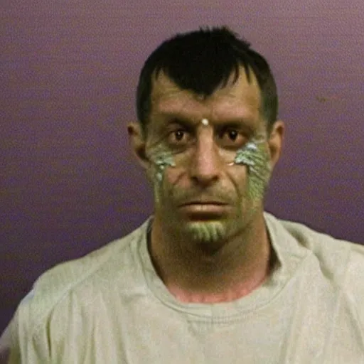 Prompt: grainy photo of an ugly man, wearing bionic implants, cyborg criminal, mugshot background