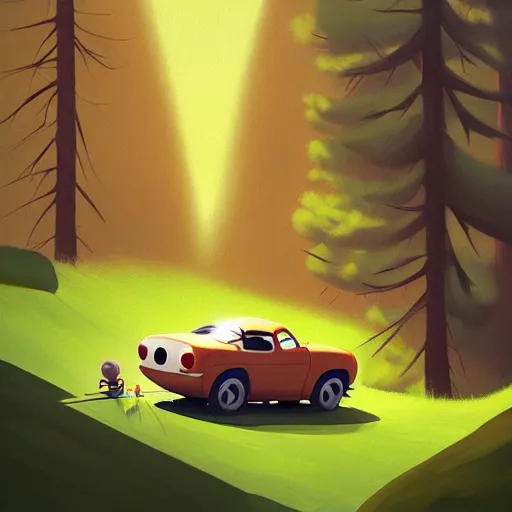 Image similar to goro fujita ilustration hikers parking the car in the forest, painting by goro fujita, sharp focus, highly detailed, artstation