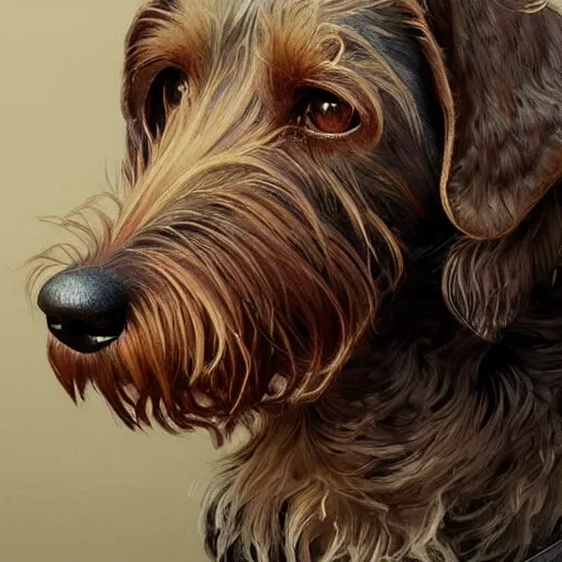 Image similar to portrait of a rugged wirehaired dachshung, salt and pepper hair, soft hair, d & d, muscular, fantasy, intricate, elegant, highly detailed, digital painting, artstation, concept art, smooth, sharp focus, illustration, art by artgerm and greg rutkowski and alphonse mucha