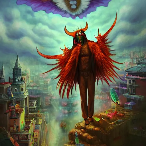 Image similar to 8K centered headshot Portrait of a psychedelic godlike mothman posing with a cigar with giant mandala wings smoking a hand-rolled cigarette smoking heavily , magic mushroom village in background , post-processing , award winning. superb resolution. in the art style of Satoshi Kon and Greg Rutkowski , Detailed Mushroom city in background , Hyper realistic anime , Perfect art , Dalle2