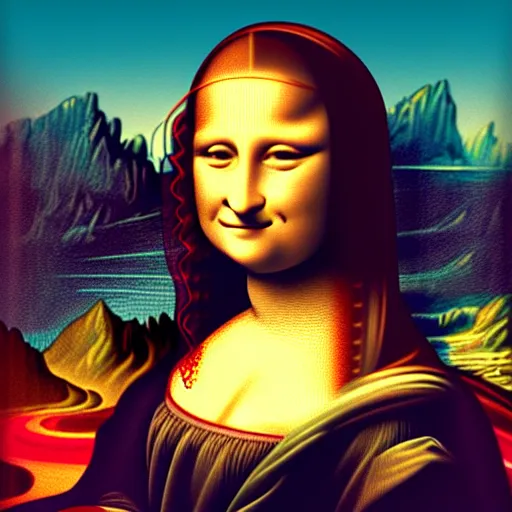 Image similar to a portrait of mona lisa, in retro colors, synthwave style, 2 d digital vector art