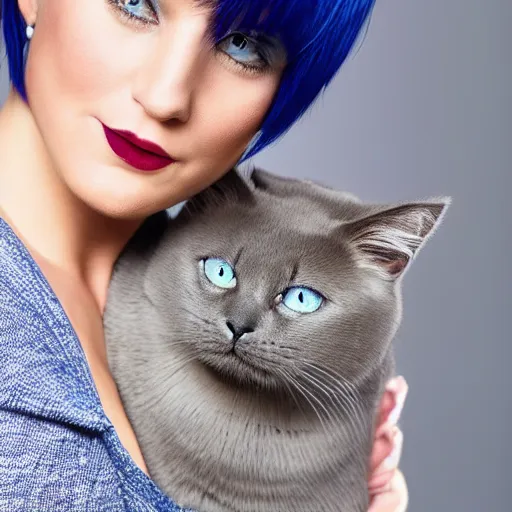 Prompt: A beautiful woman with blue short bob hair with bangs holding a grey and white cat, full body portrait, highly detailed, excellent composition, dramatic lighting, realistic 4k