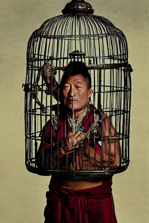 Prompt: photo portrait of a tibetan man with a birdcage through his body, by Annie Leibovitz, with a birdcage through his chest