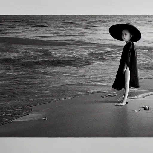 Prompt: A creature 5 meters tall, in a black chiffon layered robe, in a fancy hat and a little girl look into the distance on the seashore,style of Hiroshi Sugimoto::atmospheric illustration