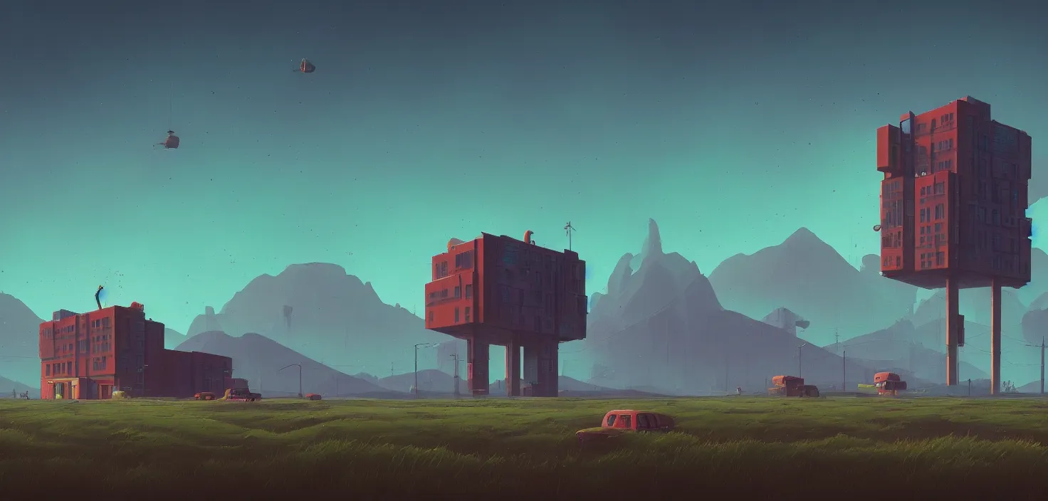 Image similar to a building in a stunning landscape in the style of simon stalenhag