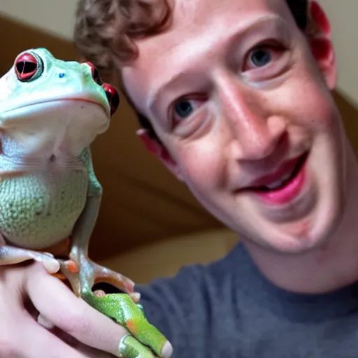 Image similar to mark zuckerberg holding his pet frog looking at the camera