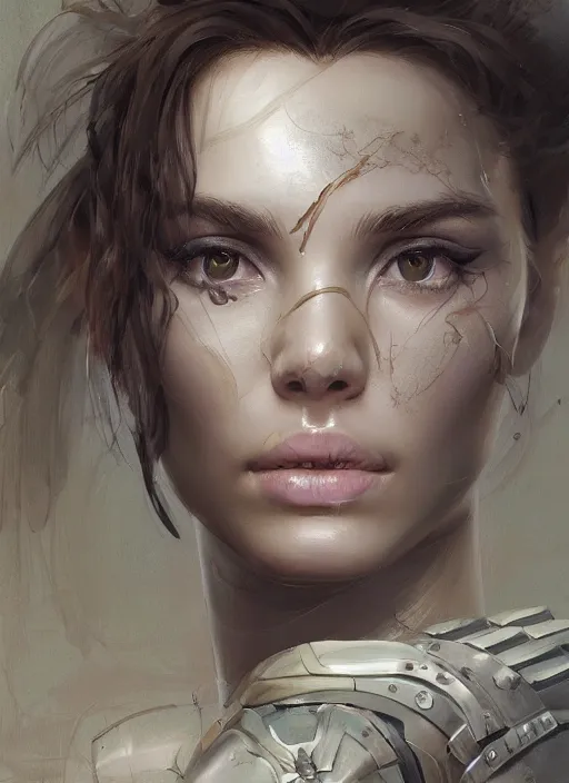 Image similar to a professional painting of a beautiful young female, clothed in military armor, olive skin, long dark hair, beautiful bone structure, symmetrical facial features, intricate, elegant, digital painting, concept art, smooth, sharp focus, illustration, from Metal Gear, by Ruan Jia and Mandy Jurgens and Artgerm and William-Adolphe Bouguerea