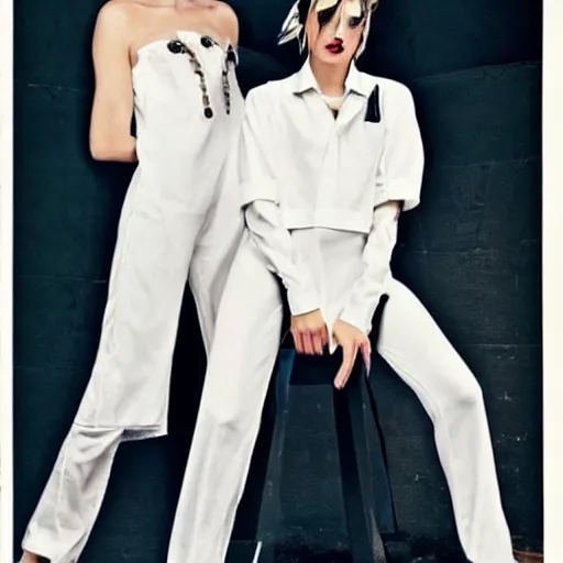 Prompt: kitsch fashion, trashy photo, androgynous people in white clothes, new age, vogue