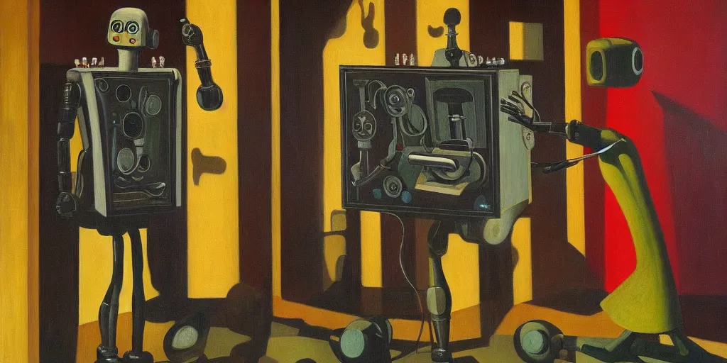 Prompt: robot using a control panel portrait, lowbrow, pj crook, grant wood, edward hopper, oil on canvas