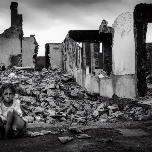 Prompt: black and white image of lonely girl in the ruins of redevelopment area