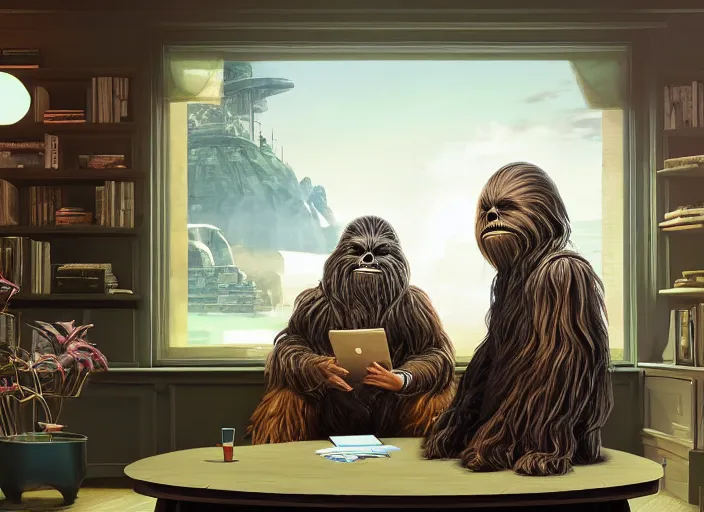 Prompt: wookiee is comfy at home trading crypto. the charts are at all time highs, gains, green charts, painting by grant wood and frank frazetta, 3 d rendering by beeple, wlop