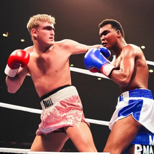 Image similar to jake paul vs mohammed ali, brutal boxing match, sports photography, sweat flying, hd high detail, professional photo