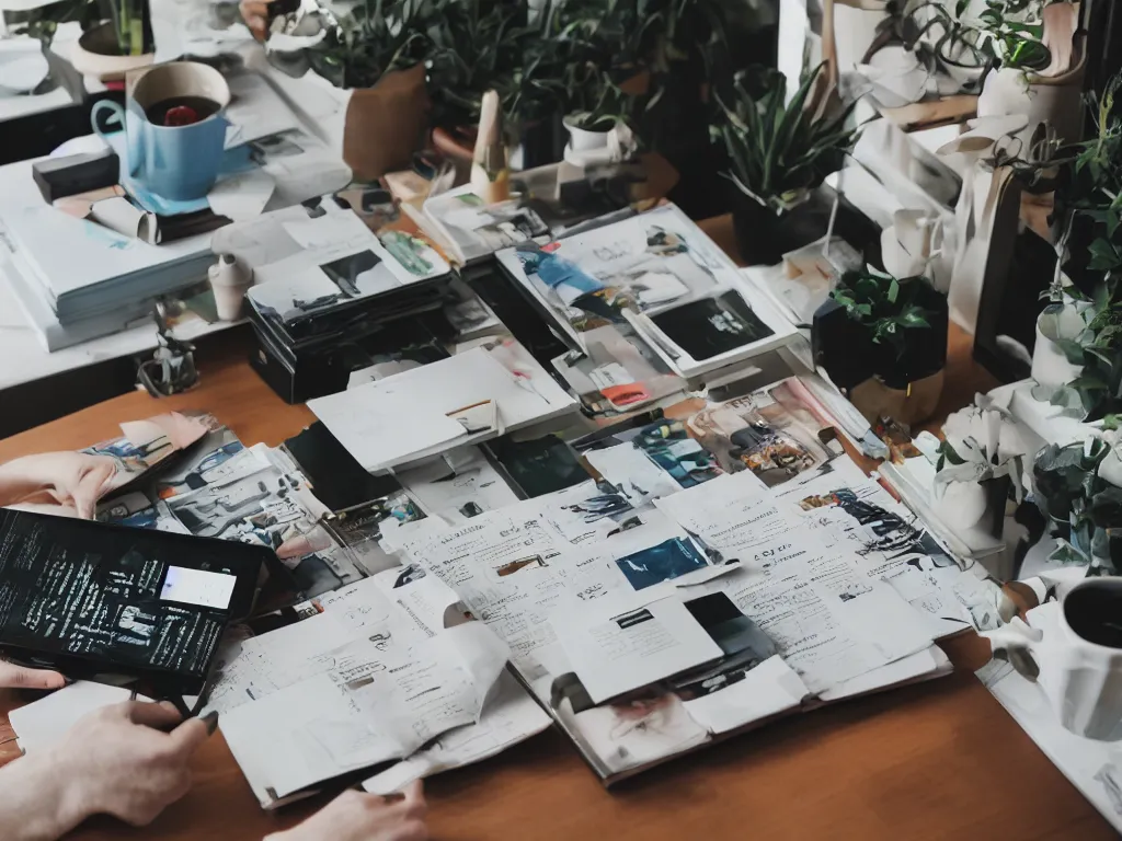 Image similar to depth of field pov candid photo of my hands reading pdfs at my floating futuristic ios hologram desk, stacks and rows of perfectly organized objects and calendar cubbies during sunrise in a cozy dappled open - air design studio, daylight vr os ux, leica 8 k still a 2 4