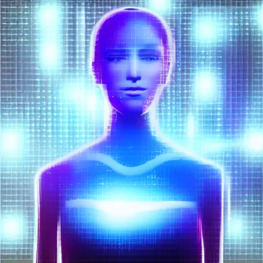 Prompt: AI generated Voice assistant Hologram Lady , detailed portrait, cyber, realistic