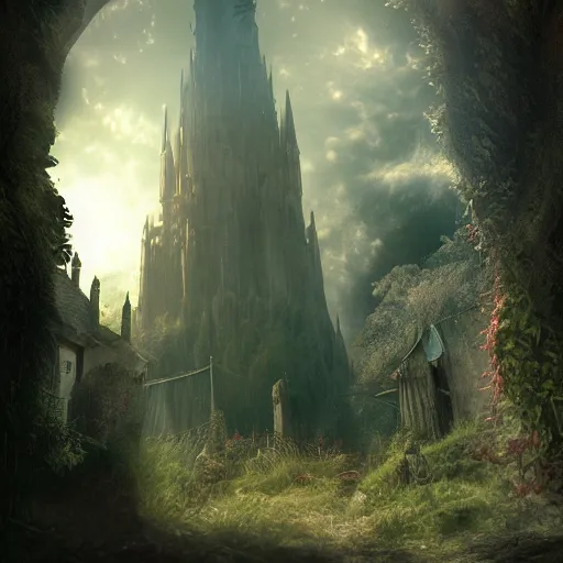 Image similar to the dark tower - the hobbit - j. r. r. tolkien - a medieval village in switzerland, ornate, beautiful, atmosphere, vibe, flowers, concept art illustration, greg rutowski, volumetric lighting, sunbeams, particles