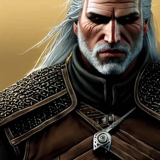 Image similar to geralt of rivia, golden eyes, silver hair, wolf pedant, 4 k, artstation, cgsociety, award - winning, masterpiece, stunning, beautiful, glorious, powerful, fantasy art, bisley, simon