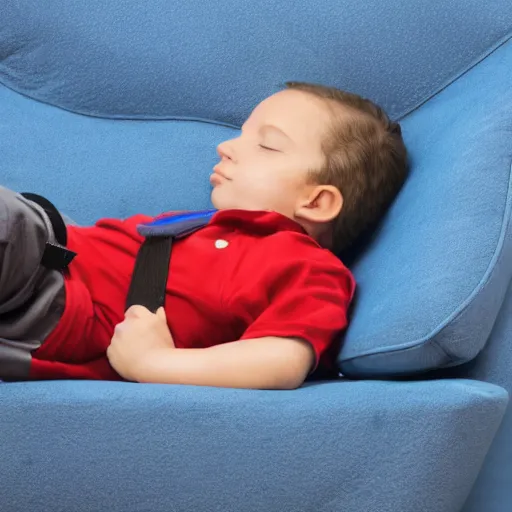 Image similar to small firefighter sleeping on a blue reclining chair