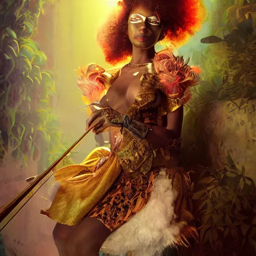 Image similar to the portrait, masked beautiful swahili female violinist, exotic costumes, gold jewelry, black curly afro hair, ultra realistic, illustration by wenjun lin, irakli nadar, bright colors, octopath traveler, wenjun lin, unreal engine 5 highly rendered, global illumination, radiant light, detailed and intricate environment