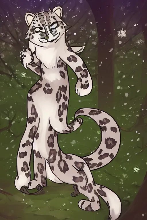 Image similar to a pretty medieval anthropomorphic snow leopard with a fluffy tail in the forest, comic art, trending on furaffinity, cartoon, kawaii, backlighting, furry art!!!, radiant light, bokeh, trending on artstation, digital art