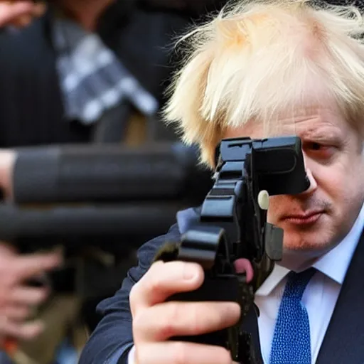 Image similar to dog holding a gun, aiming at boris johnson