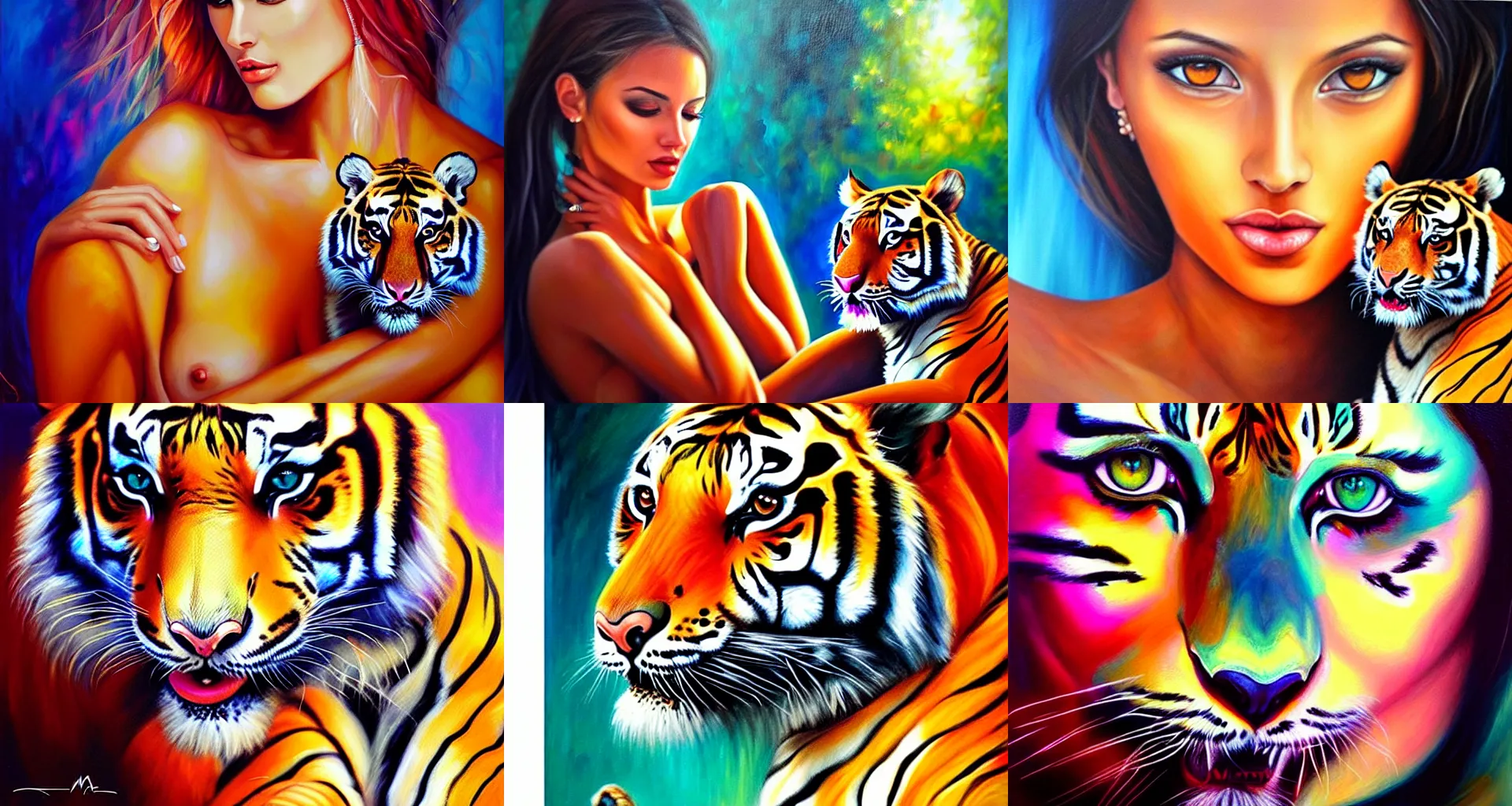 Prompt: dimitra milan painting, portrait of a beautiful woman and a tiger, dreamy setting, colorful lighting, acrylic painting on canvas, sharp focus, by dimitra milan, by artgerm.