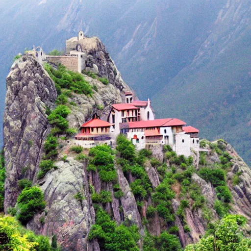 Prompt: a monastery on the rocks of a mountain, like the name of the rose