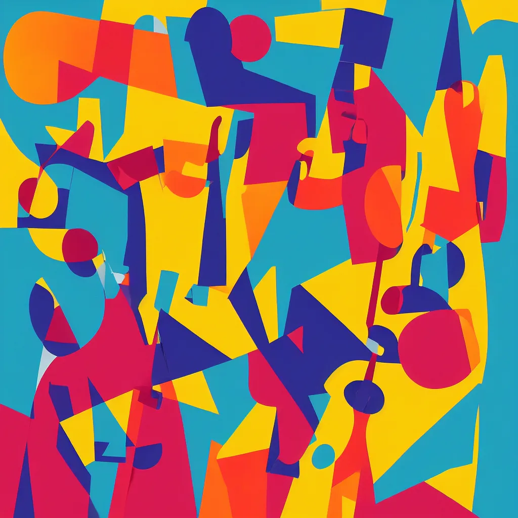 Prompt: mgbdlln jazz summer festival poster, modern digital art, minimalism, cubism