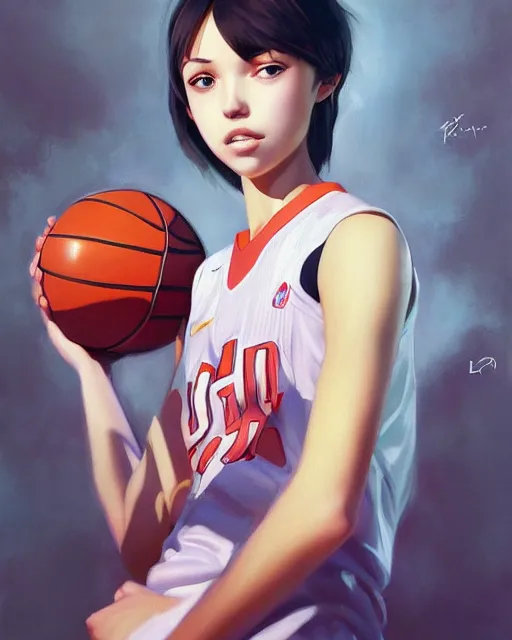 Image similar to A ultradetailed beautiful panting of a stylish girl wearing a basketball jersey, she is holding a basketball, Oil painting, by Ilya Kuvshinov, Greg Rutkowski and Makoto Shinkai