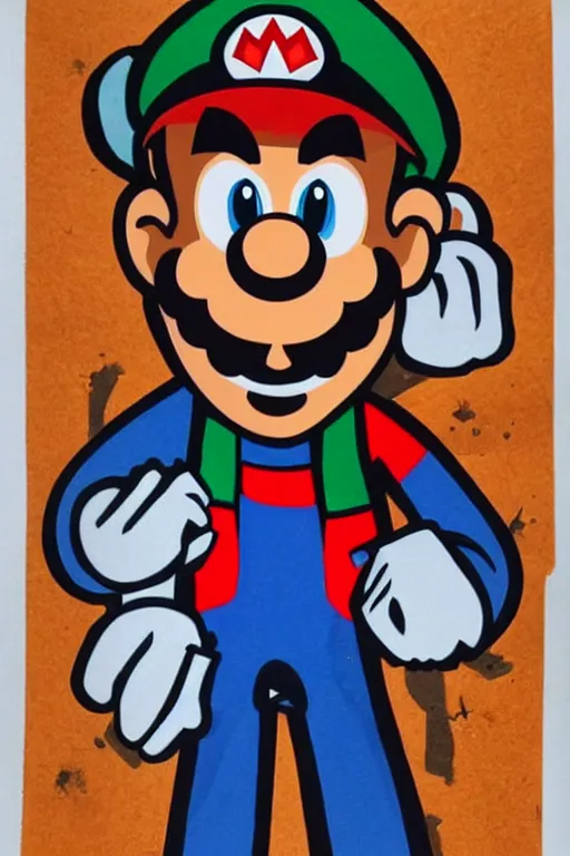 Image similar to lanky, skinny, tall, exaggerated caricature of super mario, gritty, extreme proportions